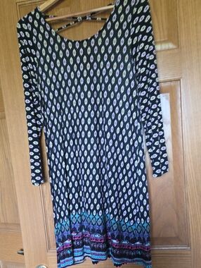 Loveappella Black Long Sleeve Patterned Dress with Teal & Pink Border